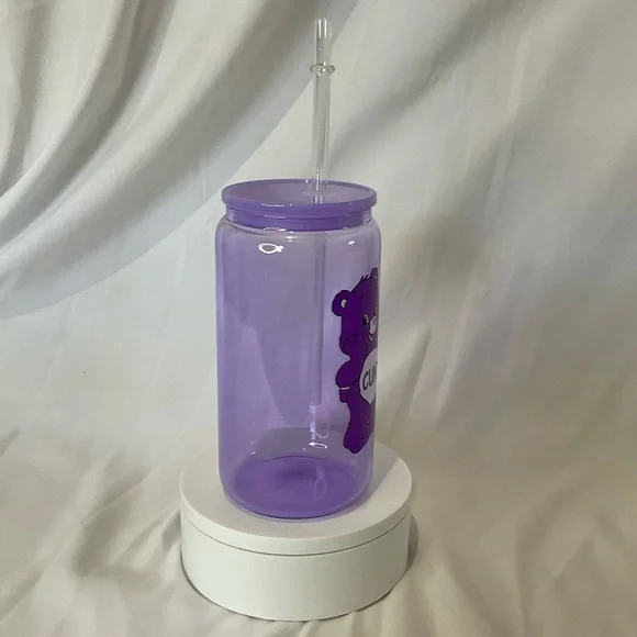 16 Ounce Handmade Purple Glass Can Cup w/Lid & Straw, Swearbear - Picture 4 of 4